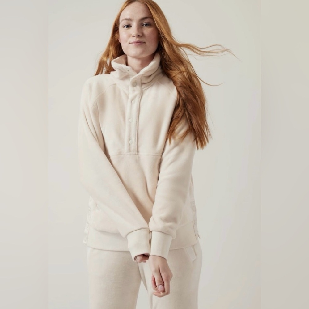 ATHLETA Double Cozy Karma Recover 3/4 Snap Fleece Cream Pullover Sweatshirt